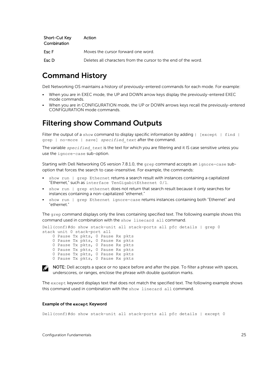 Command history, Filtering show command outputs | Dell PowerEdge FX2/FX2s User Manual | Page 25 / 292