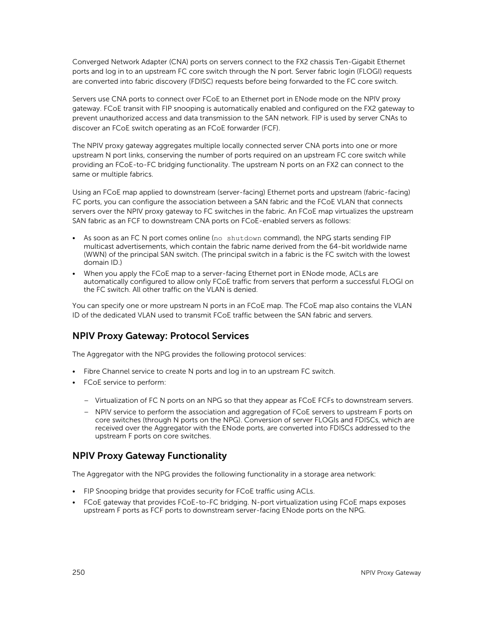 Npiv proxy gateway: protocol services, Npiv proxy gateway functionality | Dell PowerEdge FX2/FX2s User Manual | Page 250 / 292