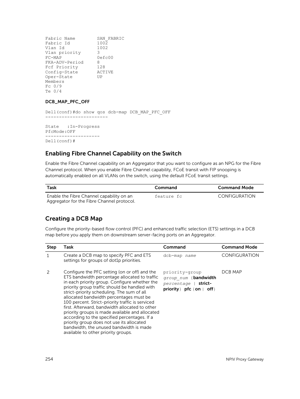 Enabling fibre channel capability on the switch, Creating a dcb map | Dell PowerEdge FX2/FX2s User Manual | Page 254 / 292