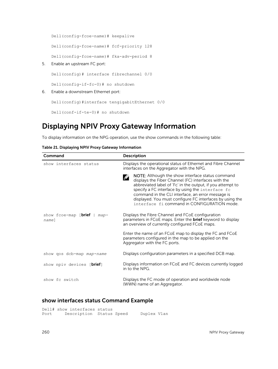 Displaying npiv proxy gateway information, Show interfaces status command example | Dell PowerEdge FX2/FX2s User Manual | Page 260 / 292