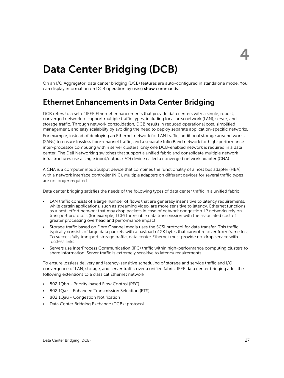 Data center bridging (dcb), Ethernet enhancements in data center bridging, 4 data center bridging (dcb) | Dell PowerEdge FX2/FX2s User Manual | Page 27 / 292