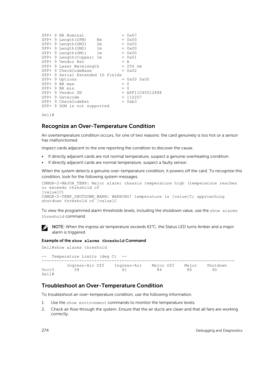 Recognize an over-temperature condition, Troubleshoot an over-temperature condition | Dell PowerEdge FX2/FX2s User Manual | Page 274 / 292