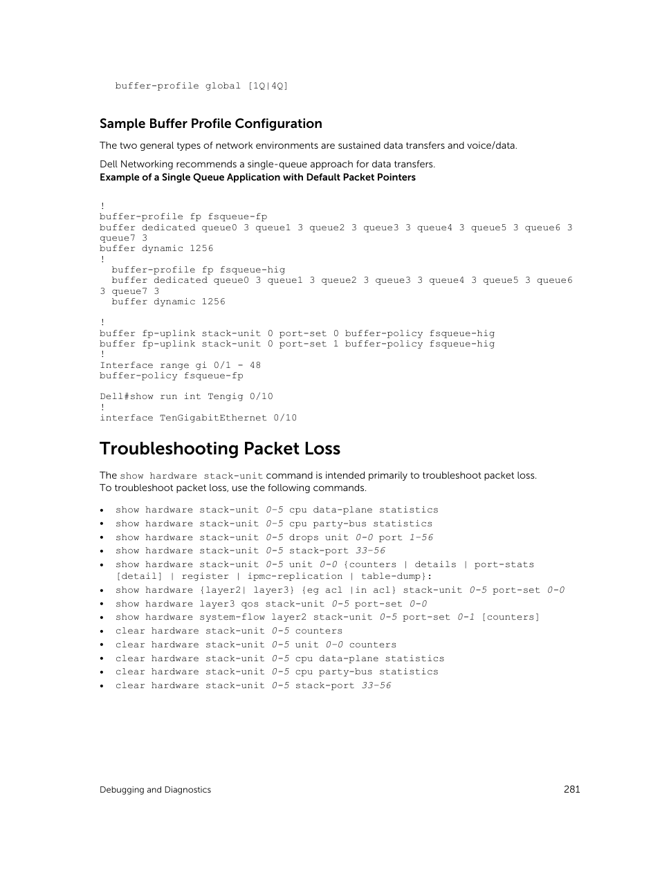 Sample buffer profile configuration, Troubleshooting packet loss | Dell PowerEdge FX2/FX2s User Manual | Page 281 / 292