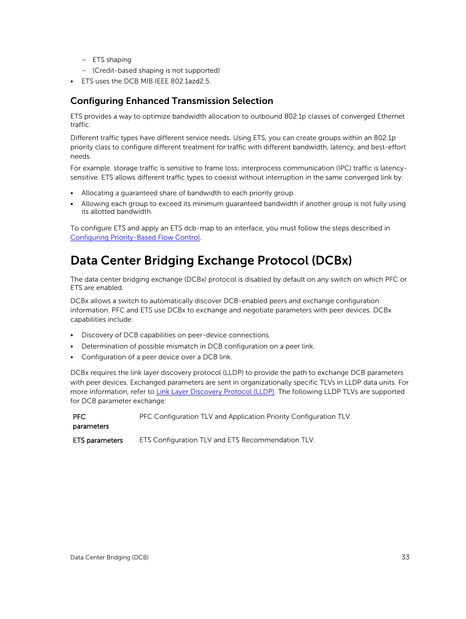 Configuring enhanced transmission selection, Data center bridging exchange protocol (dcbx) | Dell PowerEdge FX2/FX2s User Manual | Page 33 / 292