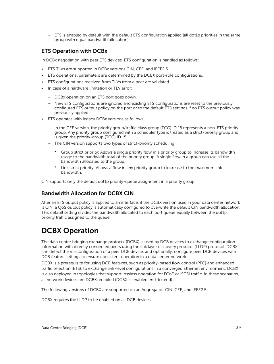 Ets operation with dcbx, Bandwidth allocation for dcbx cin, Dcbx operation | Dell PowerEdge FX2/FX2s User Manual | Page 39 / 292