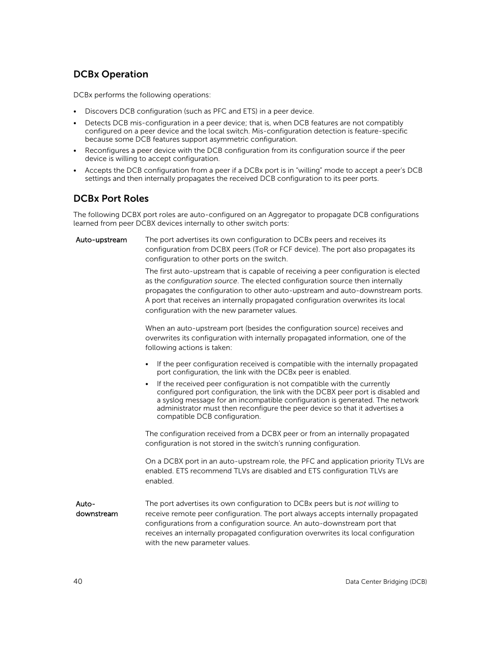 Dcbx operation, Dcbx port roles | Dell PowerEdge FX2/FX2s User Manual | Page 40 / 292