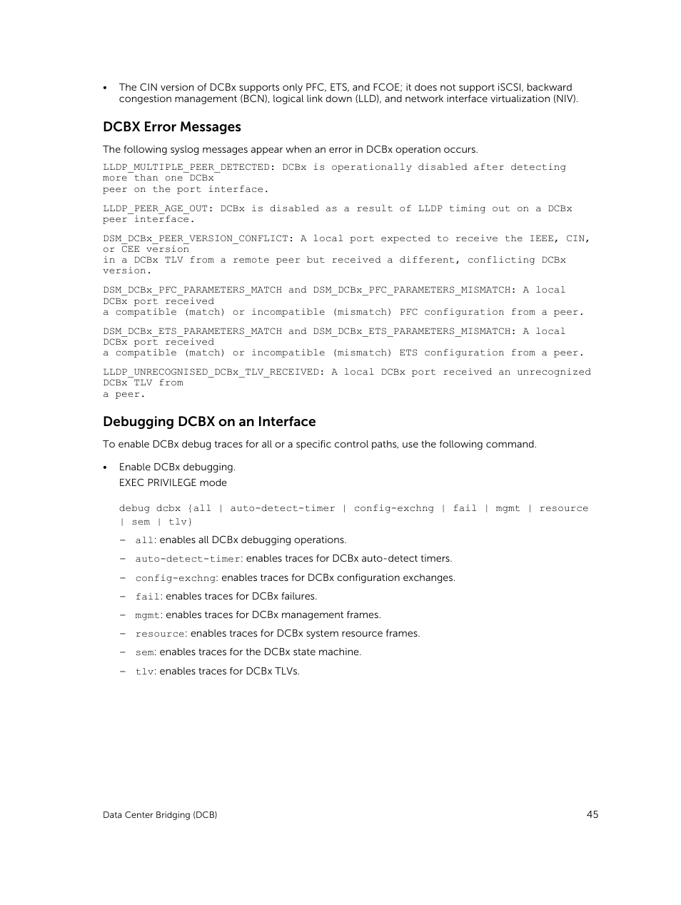 Dcbx error messages, Debugging dcbx on an interface | Dell PowerEdge FX2/FX2s User Manual | Page 45 / 292