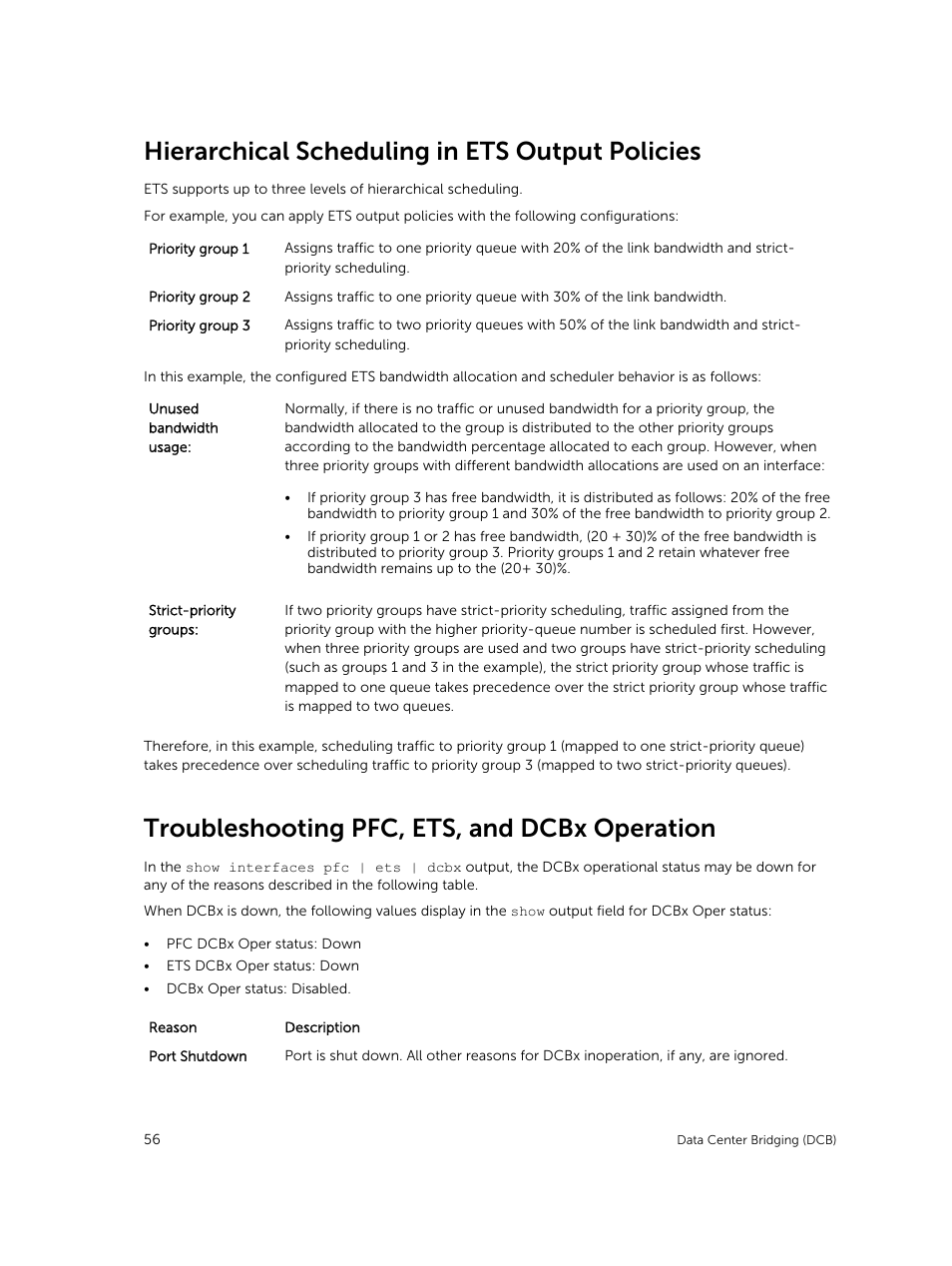 Hierarchical scheduling in ets output policies, Troubleshooting pfc, ets, and dcbx operation | Dell PowerEdge FX2/FX2s User Manual | Page 56 / 292