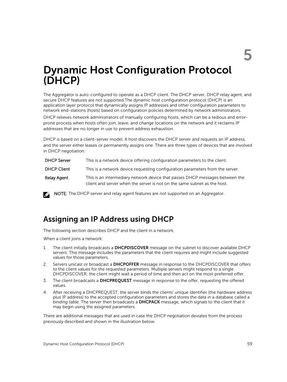 Dynamic host configuration protocol (dhcp), Assigning an ip address using dhcp, 5 dynamic host configuration protocol (dhcp) | Dell PowerEdge FX2/FX2s User Manual | Page 59 / 292