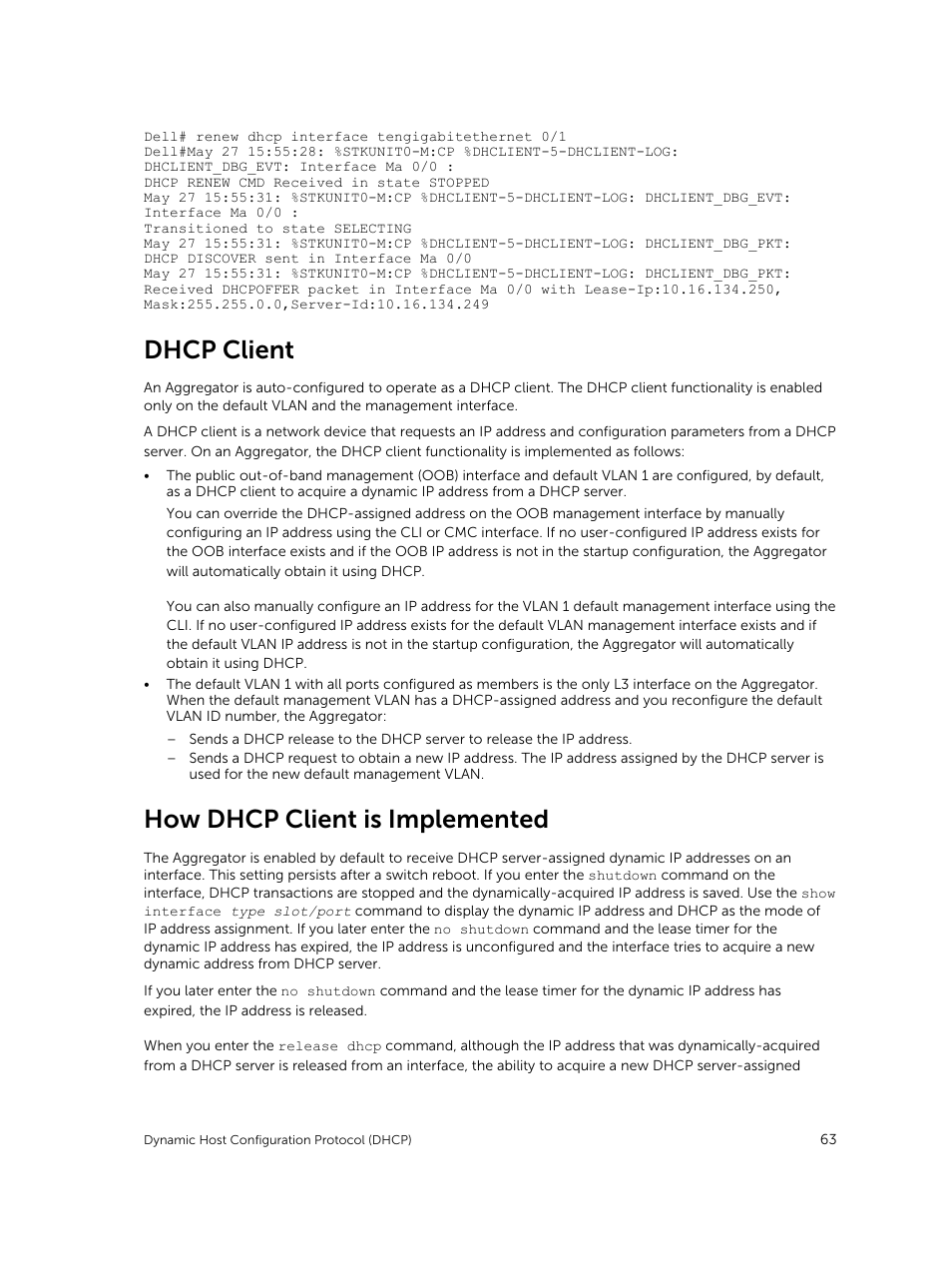 Dhcp client, How dhcp client is implemented | Dell PowerEdge FX2/FX2s User Manual | Page 63 / 292