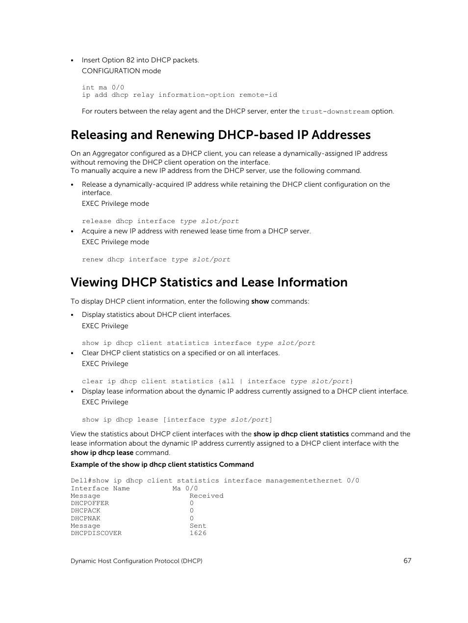 Releasing and renewing dhcp-based ip addresses, Viewing dhcp statistics and lease information | Dell PowerEdge FX2/FX2s User Manual | Page 67 / 292