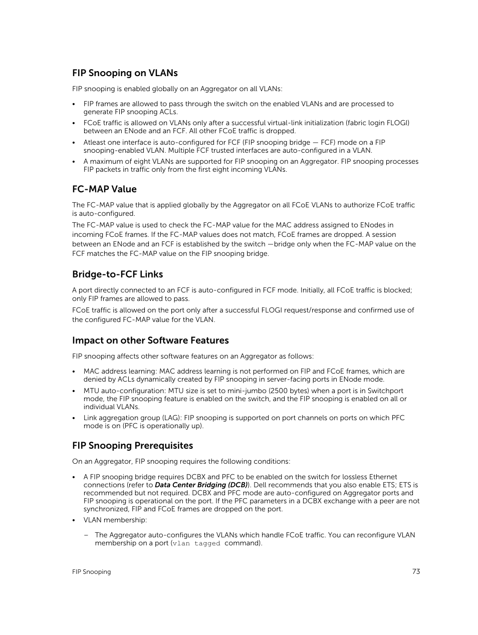 Fip snooping on vlans, Fc-map value, Bridge-to-fcf links | Impact on other software features, Fip snooping prerequisites | Dell PowerEdge FX2/FX2s User Manual | Page 73 / 292