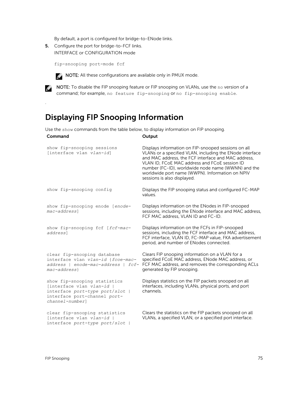Displaying fip snooping information | Dell PowerEdge FX2/FX2s User Manual | Page 75 / 292