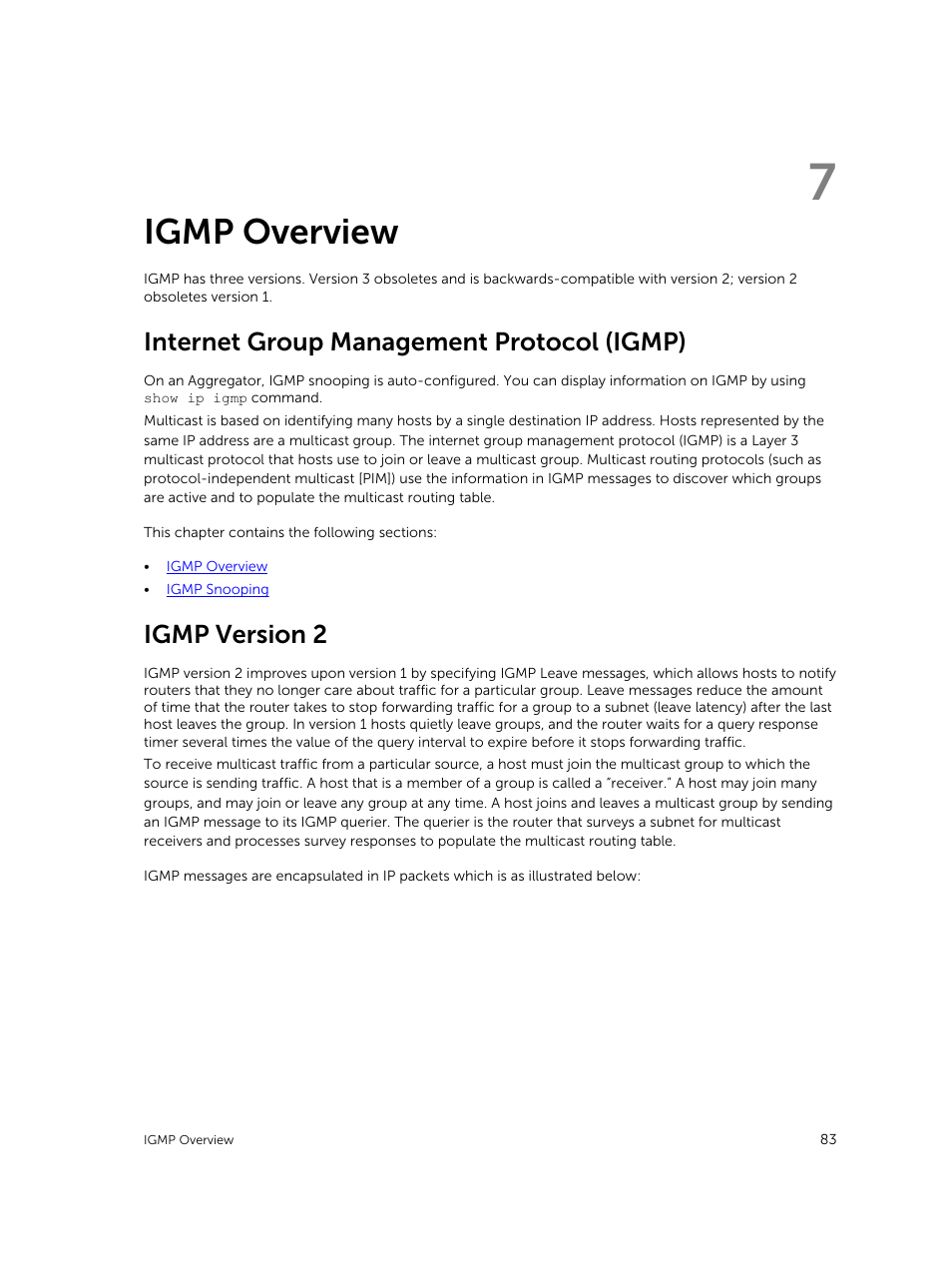 Igmp overview, Internet group management protocol (igmp), Igmp version 2 | 7 igmp overview | Dell PowerEdge FX2/FX2s User Manual | Page 83 / 292