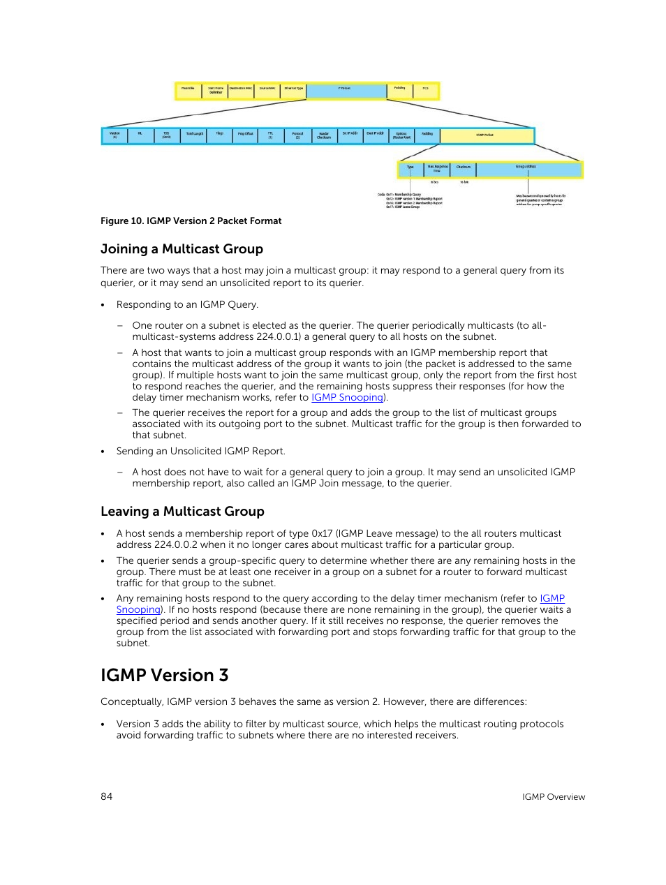 Joining a multicast group, Leaving a multicast group, Igmp version 3 | Dell PowerEdge FX2/FX2s User Manual | Page 84 / 292