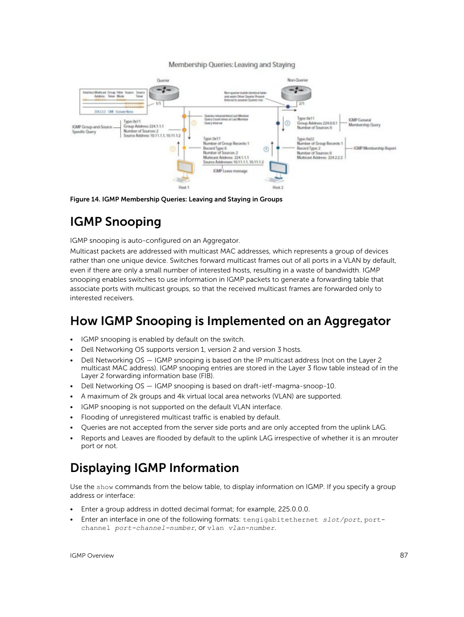 Igmp snooping, How igmp snooping is implemented on an aggregator, Displaying igmp information | Dell PowerEdge FX2/FX2s User Manual | Page 87 / 292