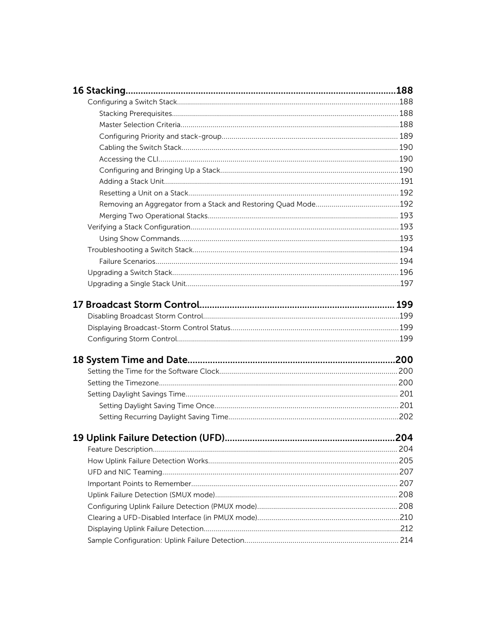 16 stacking, 17 broadcast storm control, 18 system time and date | 19 uplink failure detection (ufd) | Dell PowerEdge FX2/FX2s User Manual | Page 9 / 292