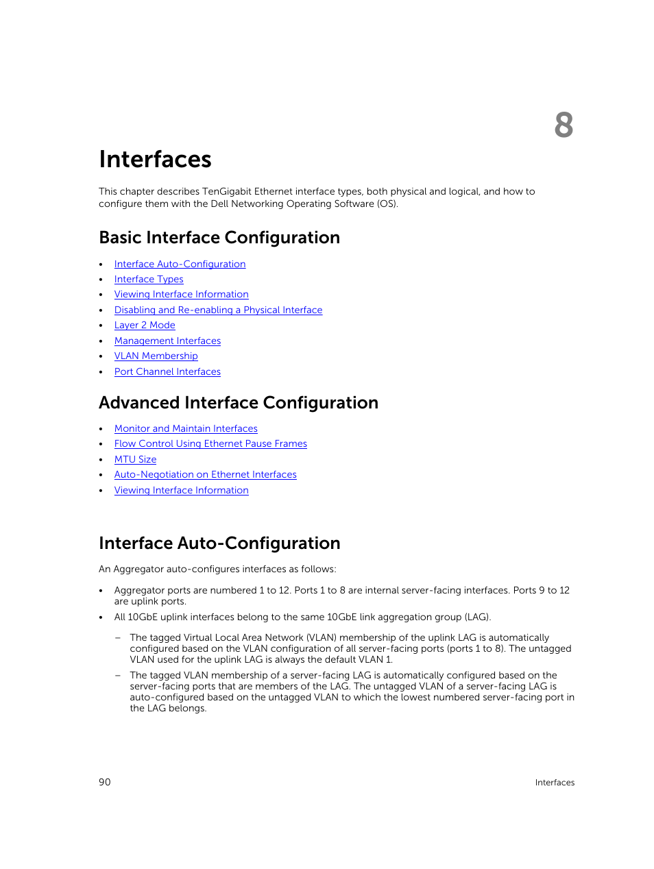 Interfaces, Basic interface configuration, Advanced interface configuration | Interface auto-configuration, 8 interfaces | Dell PowerEdge FX2/FX2s User Manual | Page 90 / 292