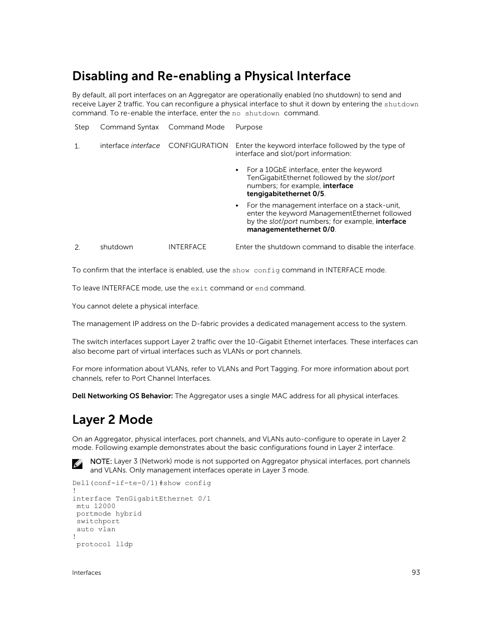 Disabling and re-enabling a physical interface, Layer 2 mode | Dell PowerEdge FX2/FX2s User Manual | Page 93 / 292