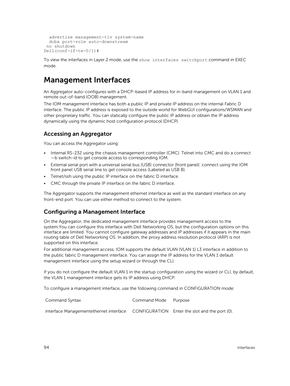 Management interfaces, Accessing an aggregator, Configuring a management interface | Dell PowerEdge FX2/FX2s User Manual | Page 94 / 292