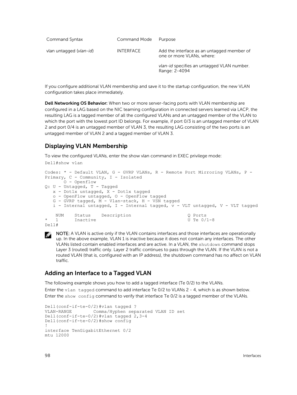 Displaying vlan membership, Adding an interface to a tagged vlan | Dell PowerEdge FX2/FX2s User Manual | Page 98 / 292