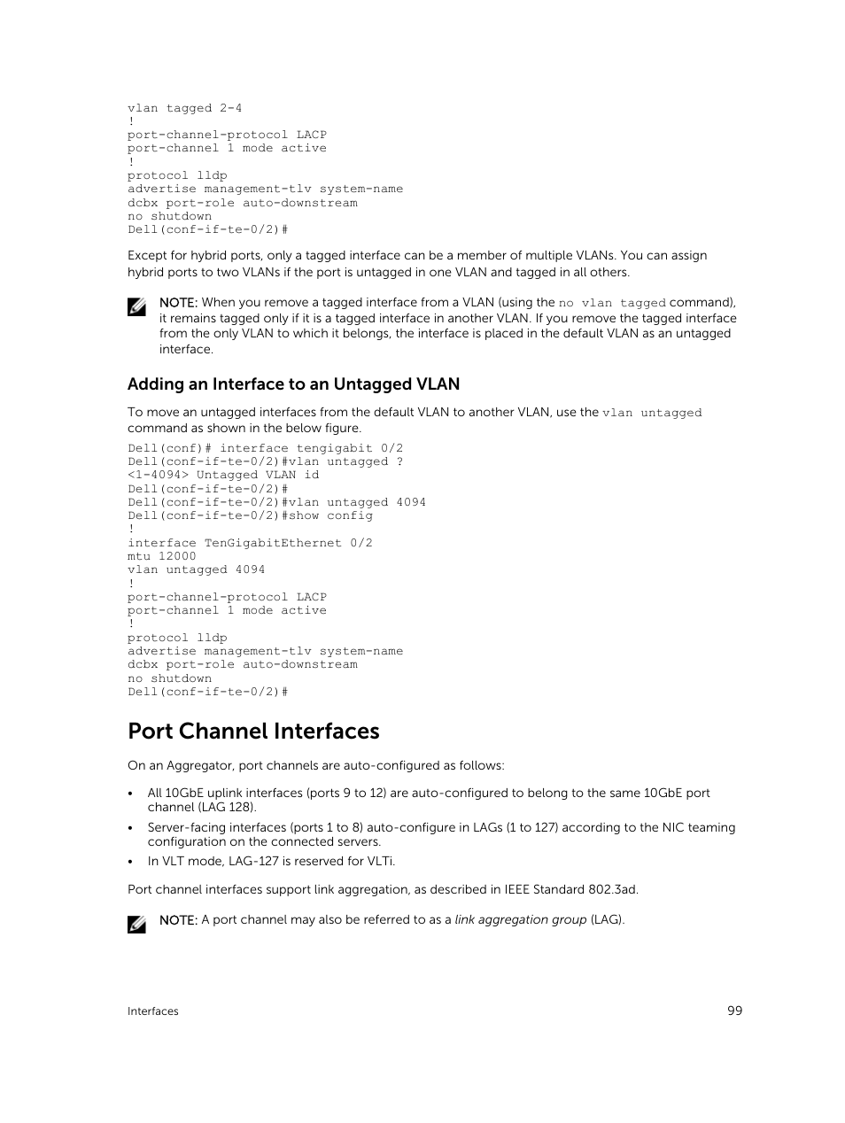 Adding an interface to an untagged vlan, Port channel interfaces | Dell PowerEdge FX2/FX2s User Manual | Page 99 / 292