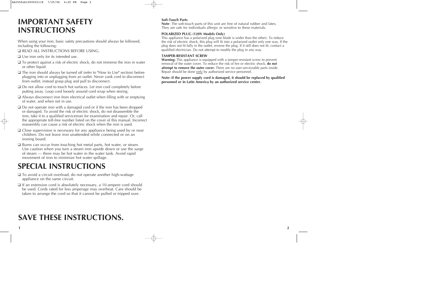 Special instructions | Black & Decker AS255 User Manual | Page 2 / 15