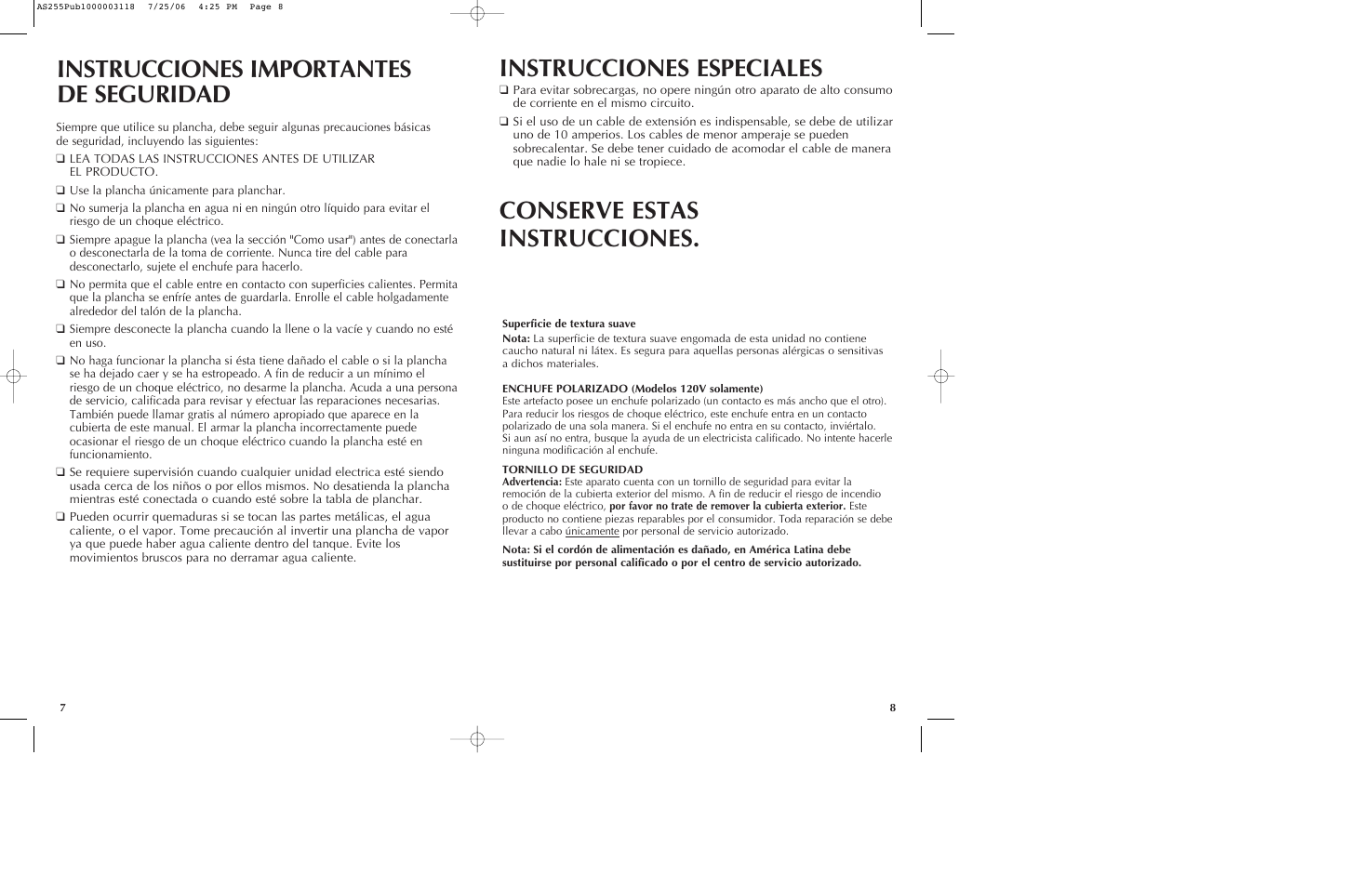 Instrucciones importantes de seguridad, Instrucciones especiales, Conserve estas instrucciones | Black & Decker AS255 User Manual | Page 5 / 15