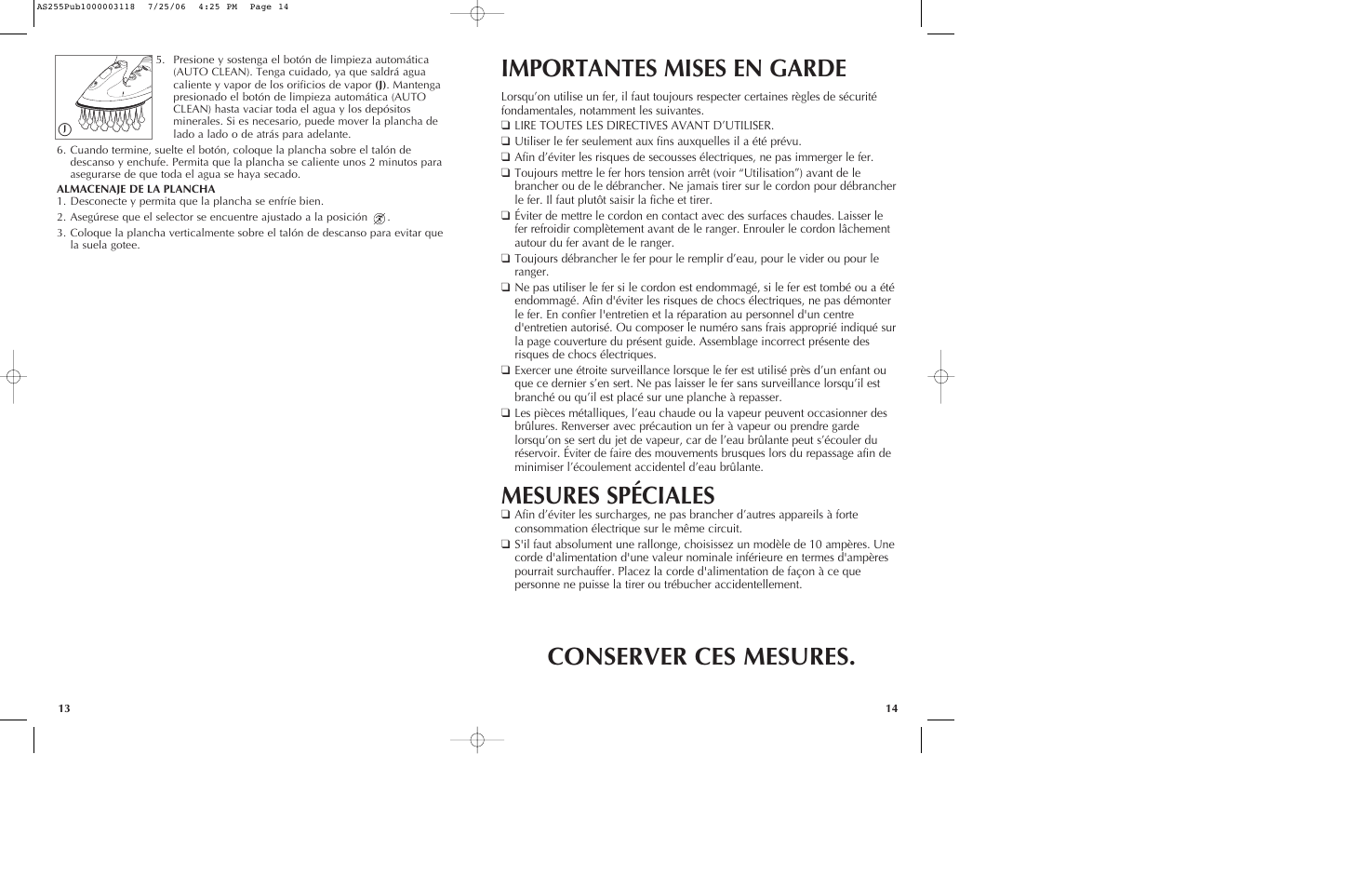 Mesures spéciales, Importantes mises en garde conserver ces mesures | Black & Decker AS255 User Manual | Page 8 / 15