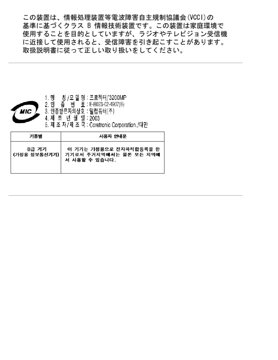 Mic notice (south korea only), Polish center for testing and certification notice | Dell Projector 3200MP User Manual | Page 37 / 56