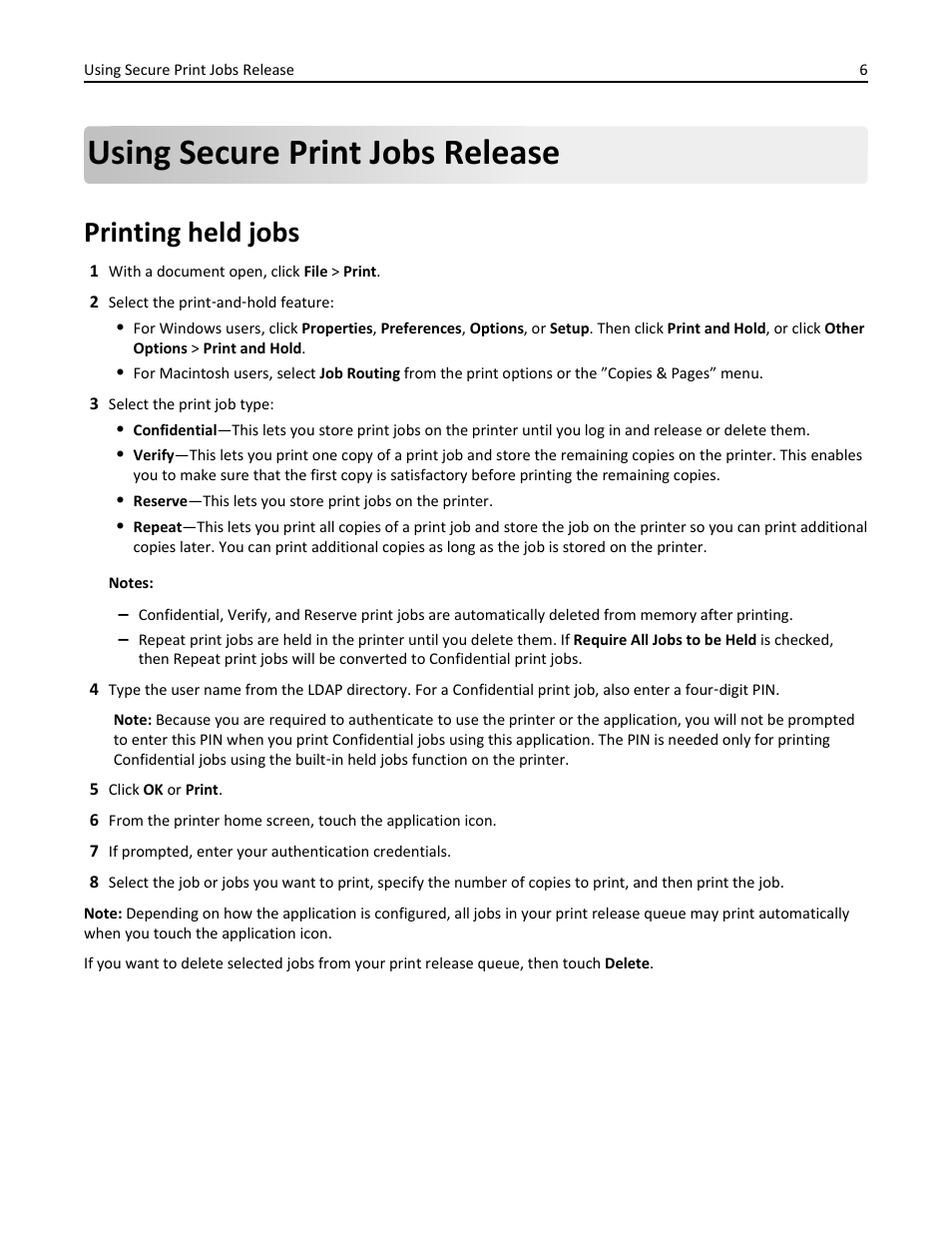 Using secure print jobs release, Printing held jobs | Dell B5465dnf Mono Laser Printer MFP User Manual | Page 6 / 16