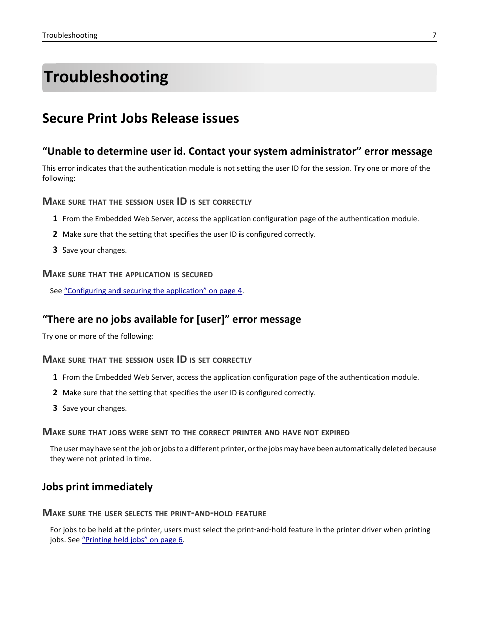 Troubleshooting, Secure print jobs release issues, Make sure that the application is secured | Jobs print immediately, Jobs print immediately m | Dell B5465dnf Mono Laser Printer MFP User Manual | Page 7 / 16