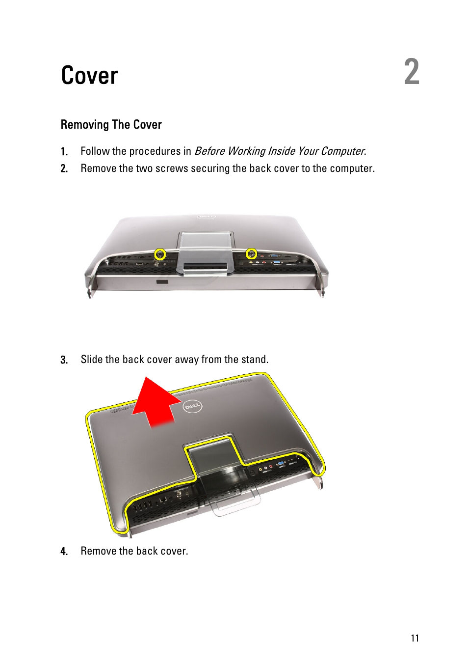 Cover, Removing the cover, 2 cover | Dell Vostro 330 (Early 2011) User Manual | Page 11 / 116