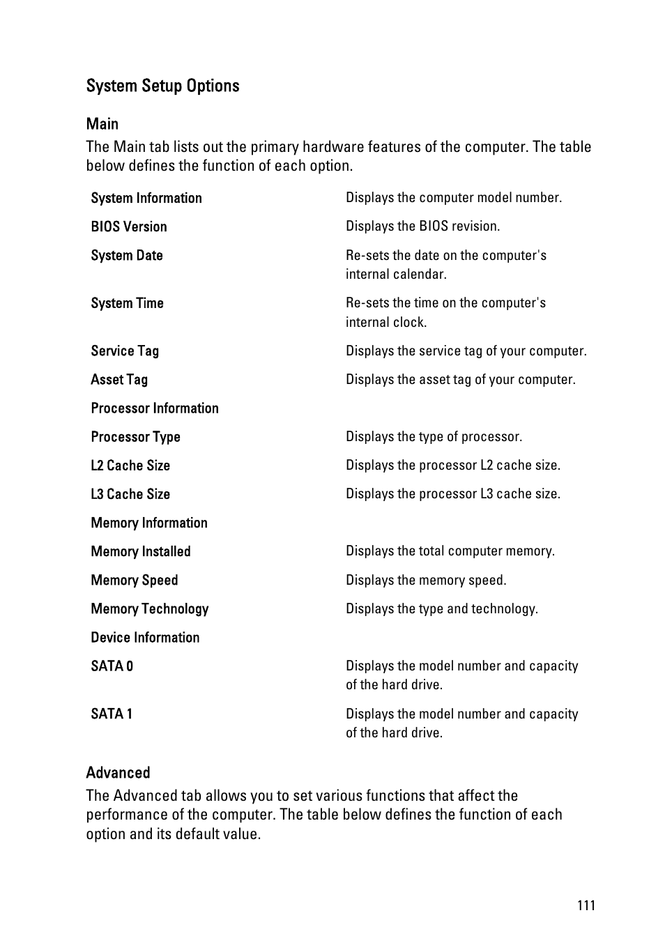 System setup options | Dell Vostro 330 (Early 2011) User Manual | Page 111 / 116