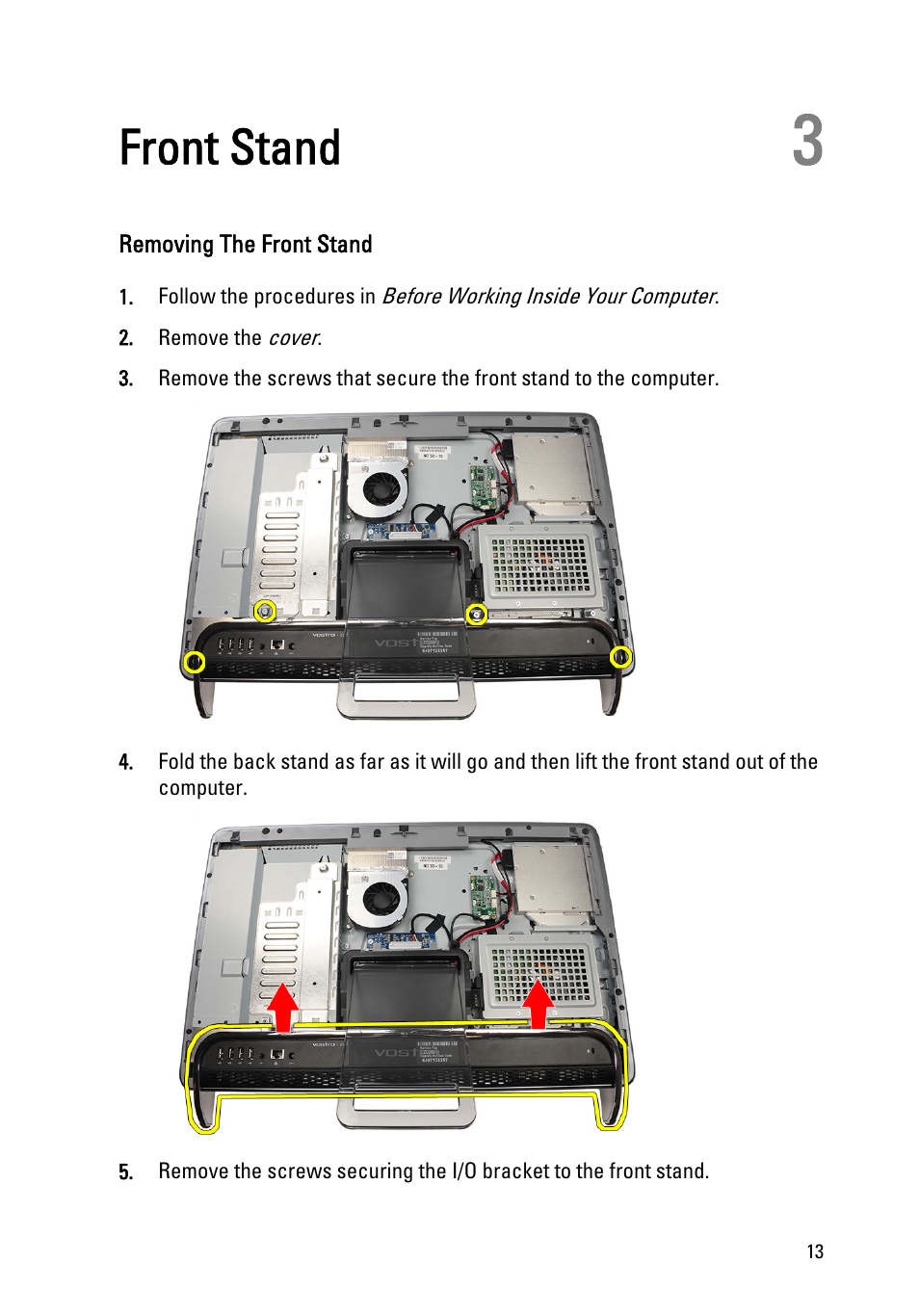 Front stand, Removing the front stand, 3 front stand | Dell Vostro 330 (Early 2011) User Manual | Page 13 / 116