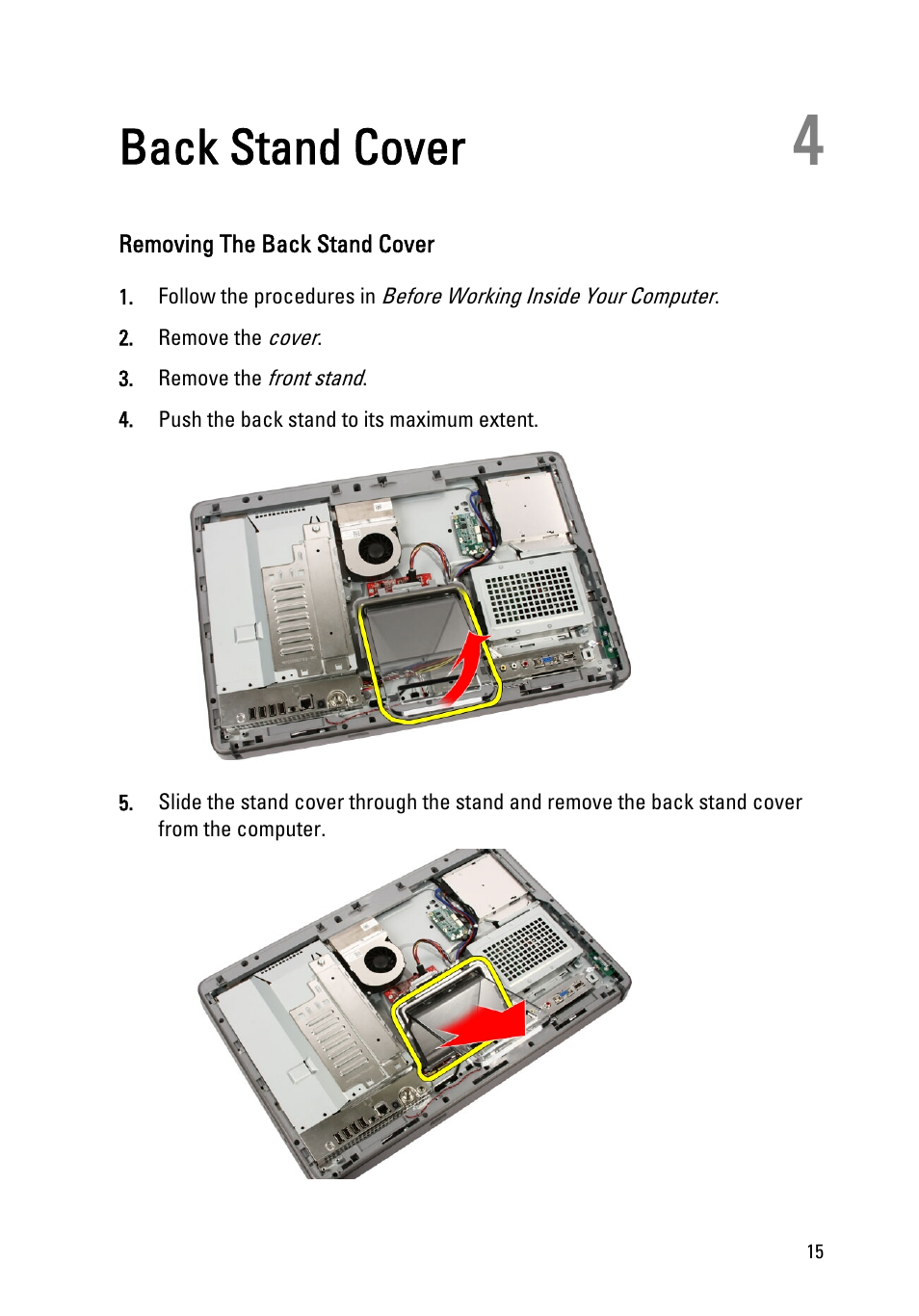 Back stand cover, Removing the back stand cover, 4 back stand cover | Dell Vostro 330 (Early 2011) User Manual | Page 15 / 116