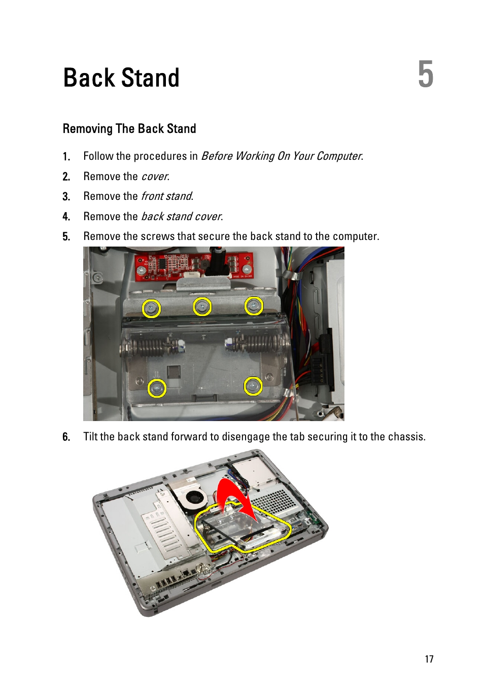 Back stand, Removing the back stand, 5 back stand | Dell Vostro 330 (Early 2011) User Manual | Page 17 / 116