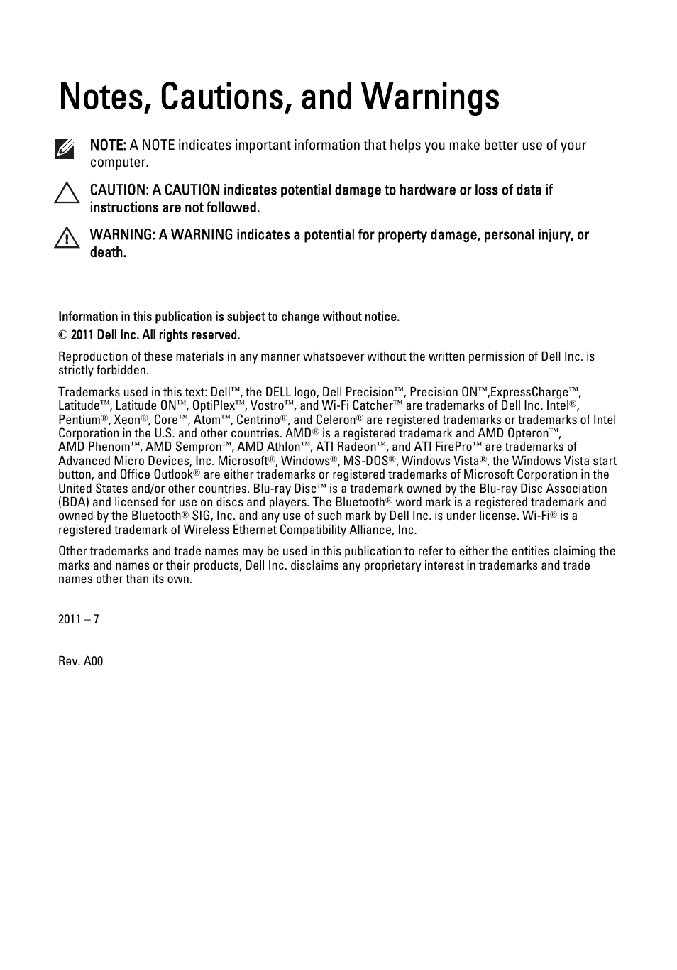 Notes, cautions, and warnings, Working on your computer | Dell Vostro 330 (Early 2011) User Manual | Page 2 / 116