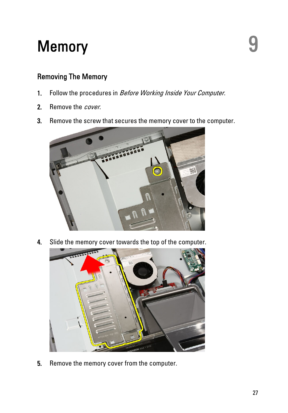 Memory, Removing the memory, 9 memory | Dell Vostro 330 (Early 2011) User Manual | Page 27 / 116