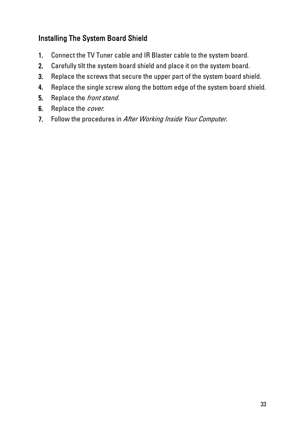 Installing the system board shield | Dell Vostro 330 (Early 2011) User Manual | Page 33 / 116