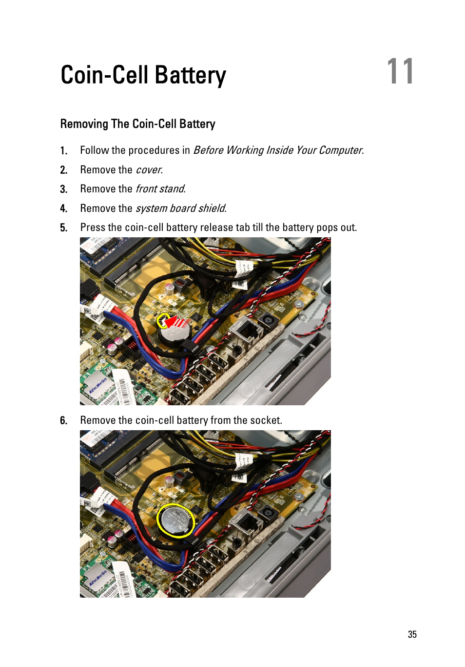 Coin-cell battery, Removing the coin-cell battery, 11 coin-cell battery | Dell Vostro 330 (Early 2011) User Manual | Page 35 / 116