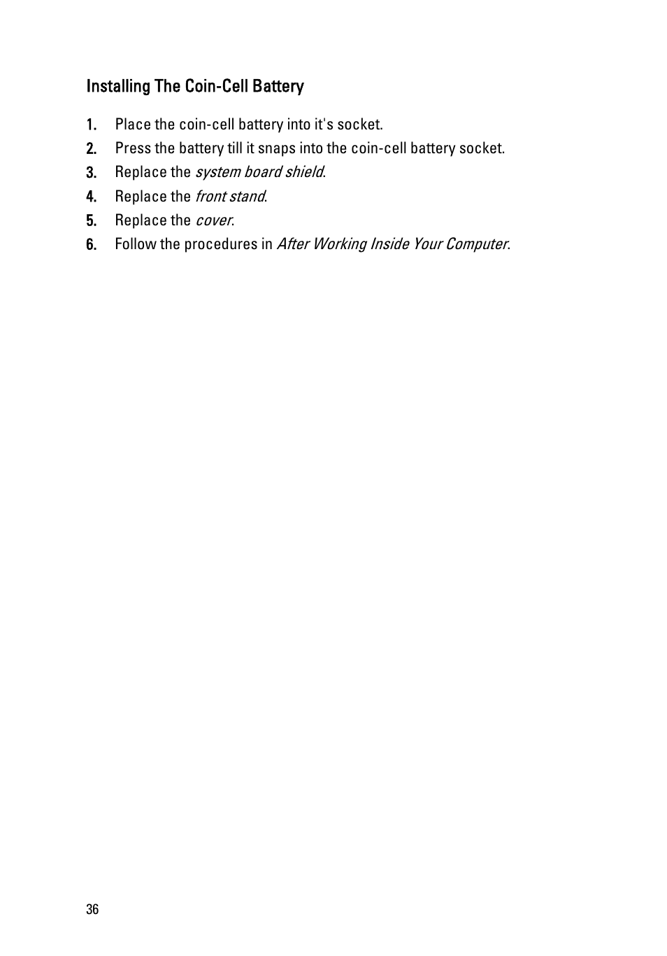 Installing the coin-cell battery | Dell Vostro 330 (Early 2011) User Manual | Page 36 / 116