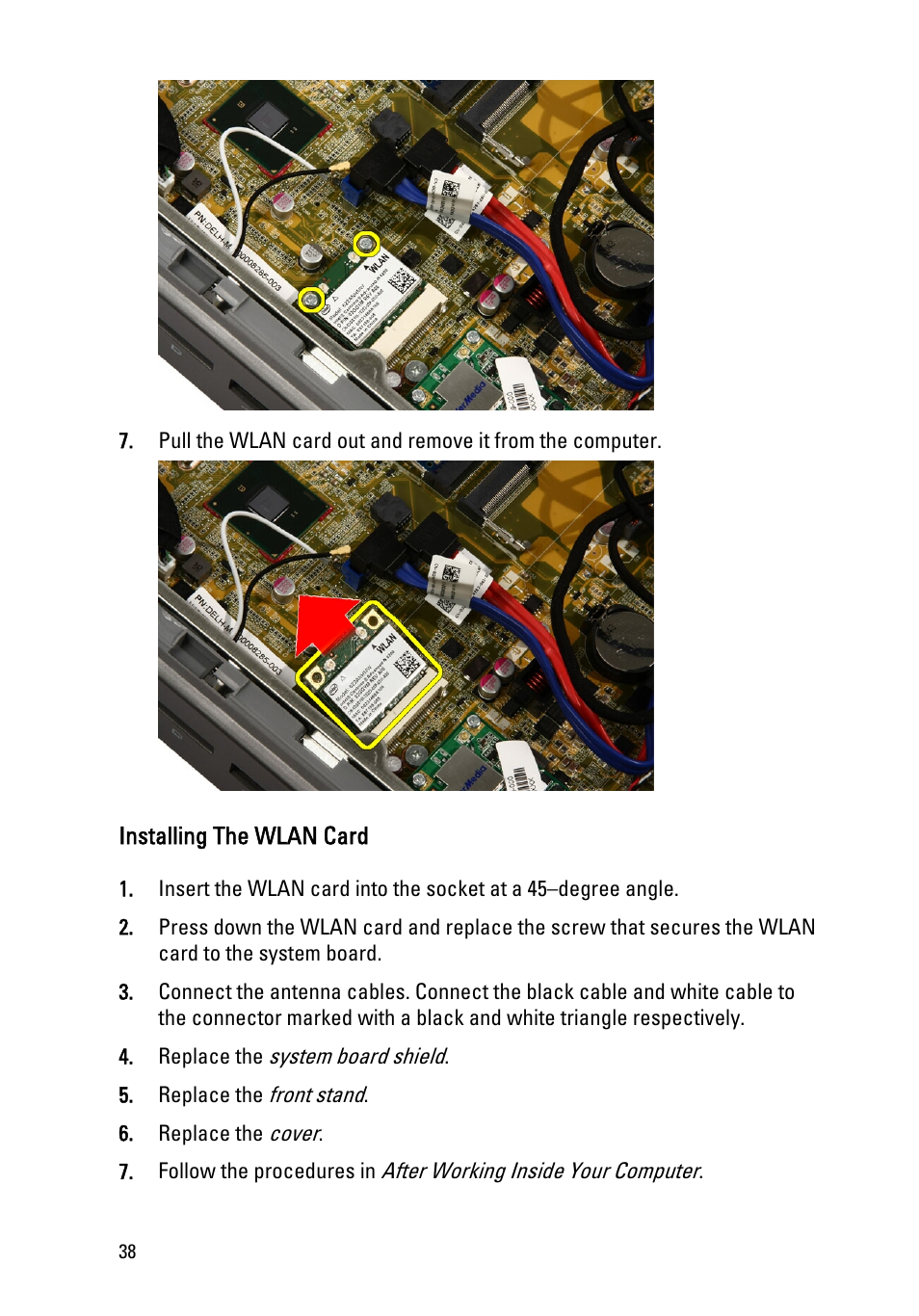 Installing the wlan card | Dell Vostro 330 (Early 2011) User Manual | Page 38 / 116