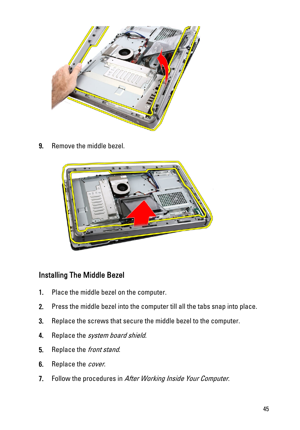 Installing the middle bezel | Dell Vostro 330 (Early 2011) User Manual | Page 45 / 116