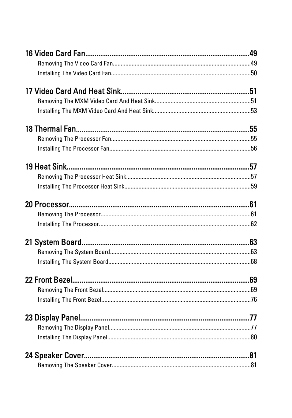 16 video card fan, 17 video card and heat sink, 18 thermal fan | 19 heat sink, 20 processor, 21 system board, 22 front bezel, 23 display panel, 24 speaker cover | Dell Vostro 330 (Early 2011) User Manual | Page 5 / 116