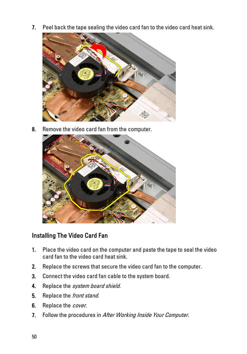 Installing the video card fan | Dell Vostro 330 (Early 2011) User Manual | Page 50 / 116