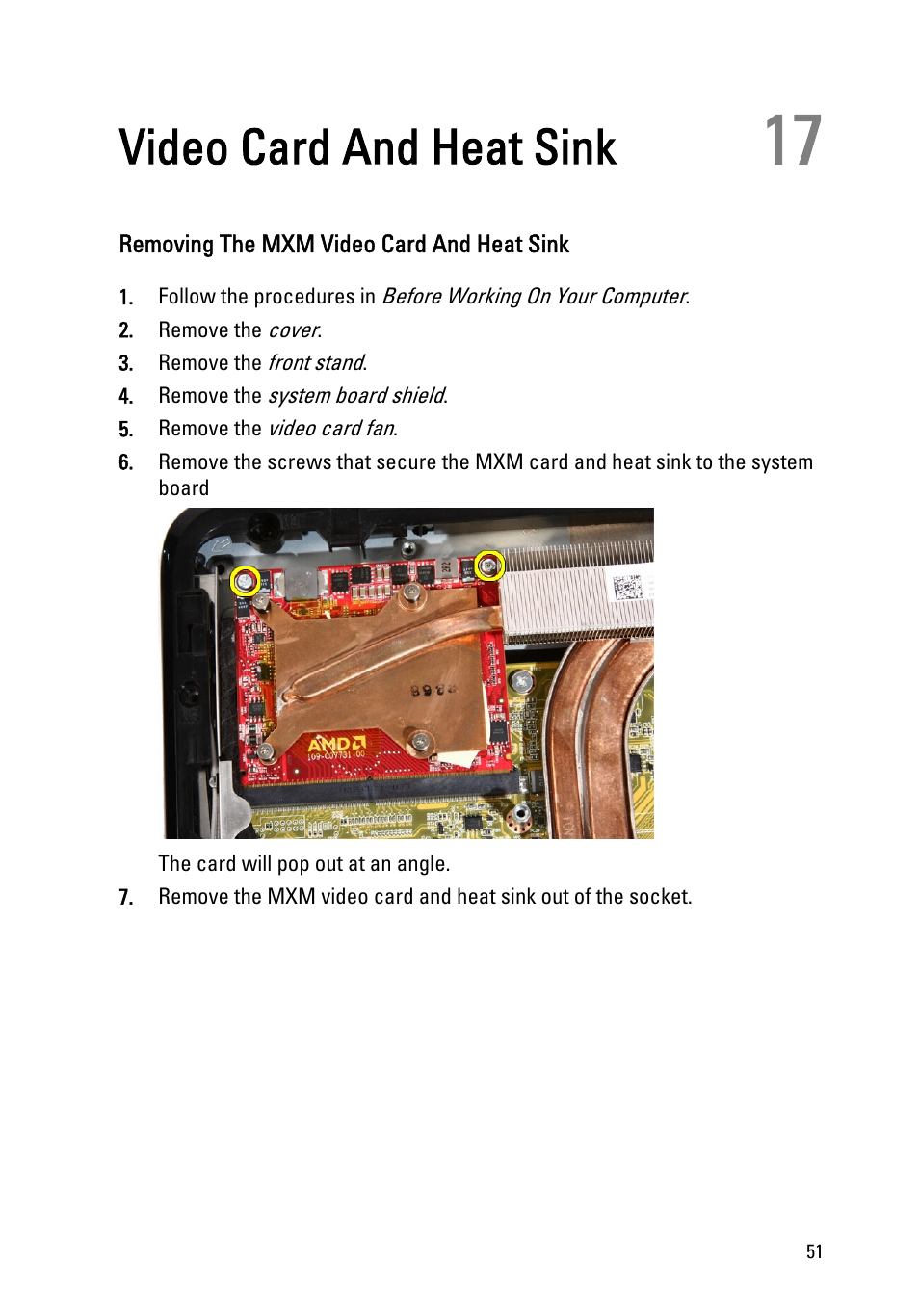 Video card and heat sink, Removing the mxm video card and heat sink, 17 video card and heat sink | Dell Vostro 330 (Early 2011) User Manual | Page 51 / 116