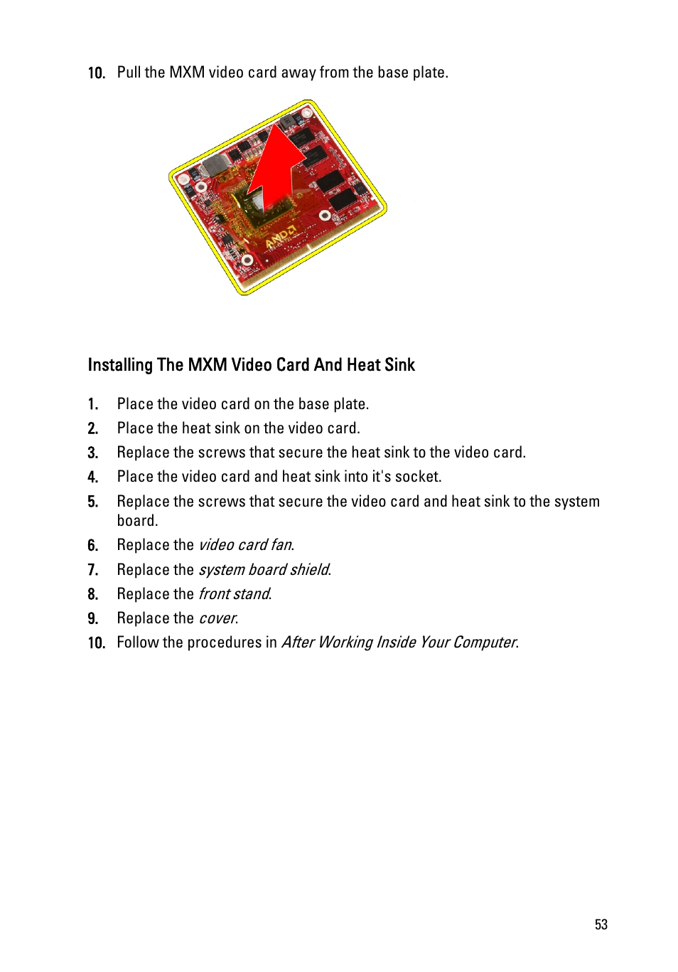 Installing the mxm video card and heat sink | Dell Vostro 330 (Early 2011) User Manual | Page 53 / 116