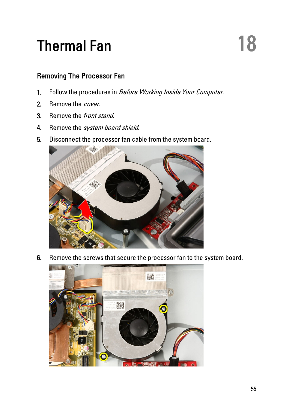 Thermal fan, Removing the processor fan, 18 thermal fan | Dell Vostro 330 (Early 2011) User Manual | Page 55 / 116