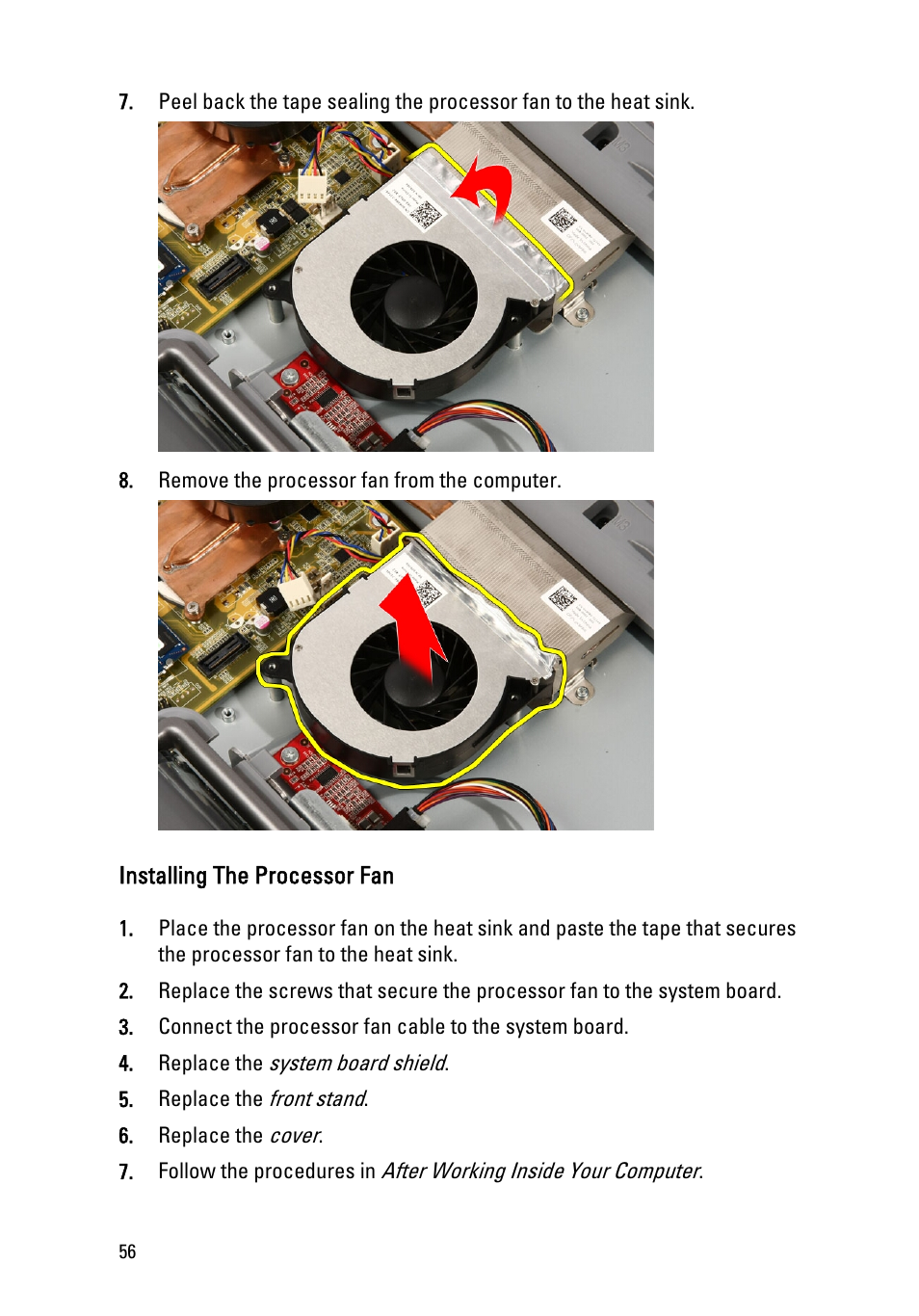 Installing the processor fan | Dell Vostro 330 (Early 2011) User Manual | Page 56 / 116